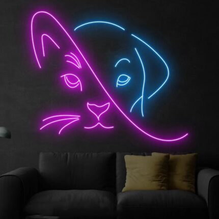 Kedi Köpek Siluet Neon Tabela 60x60